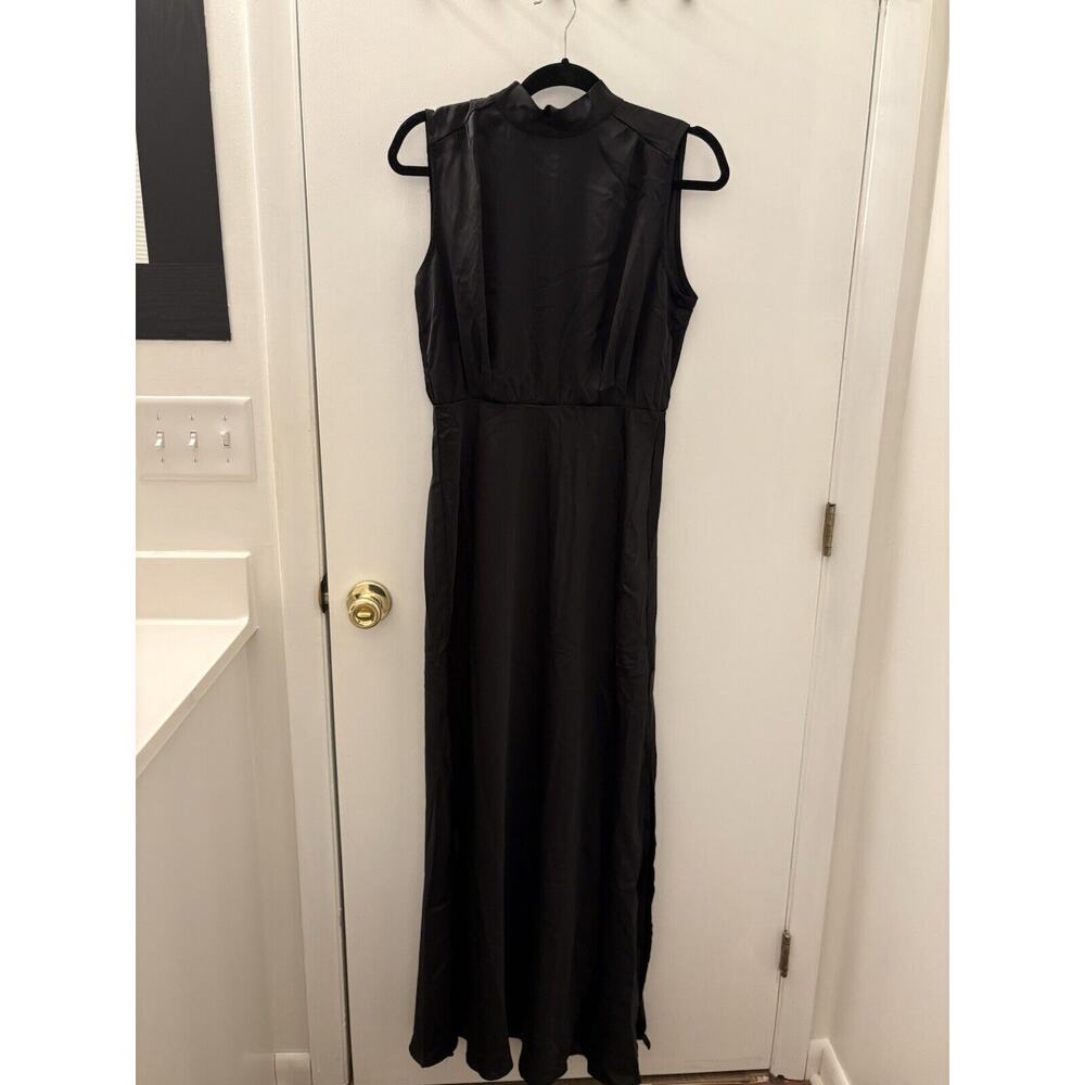 Lulus Classic Elegance Black Satin Sleeveless Mock Neck Maxi Dress Size Medium - Picture 4 of 13